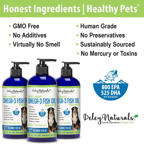 Deley Naturals Wild Caught Fish Oil for Dogs - Omega 3-6-9, GMO Free - Reduces Shedding, Supports Skin, Coat, Joints, Heart, Brain, Immune System - Highest EPA & DHA Potency - Only Ingredient is Fish
