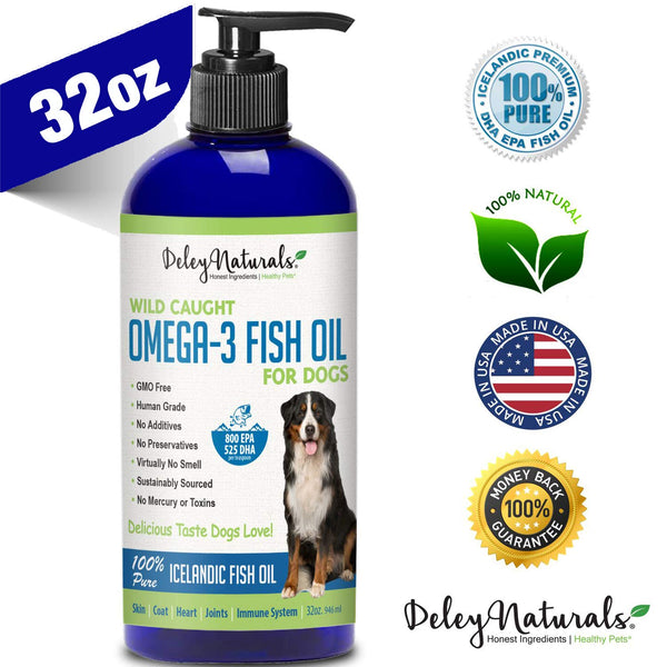 Deley Naturals Wild Caught Fish Oil for Dogs - Omega 3-6-9, GMO Free - Reduces Shedding, Supports Skin, Coat, Joints, Heart, Brain, Immune System - Highest EPA & DHA Potency - Only Ingredient is Fish