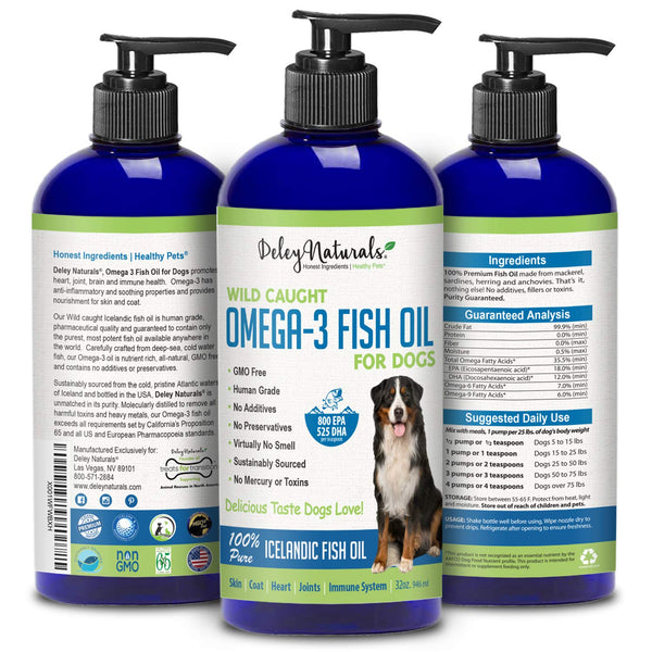 Deley Naturals Wild Caught Fish Oil for Dogs - Omega 3-6-9, GMO Free - Reduces Shedding, Supports Skin, Coat, Joints, Heart, Brain, Immune System - Highest EPA & DHA Potency - Only Ingredient is Fish